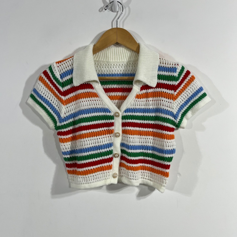 Rainbow Indie Rainbow Striped Crochet Knit Cropped Cardigan Top Womens Medium